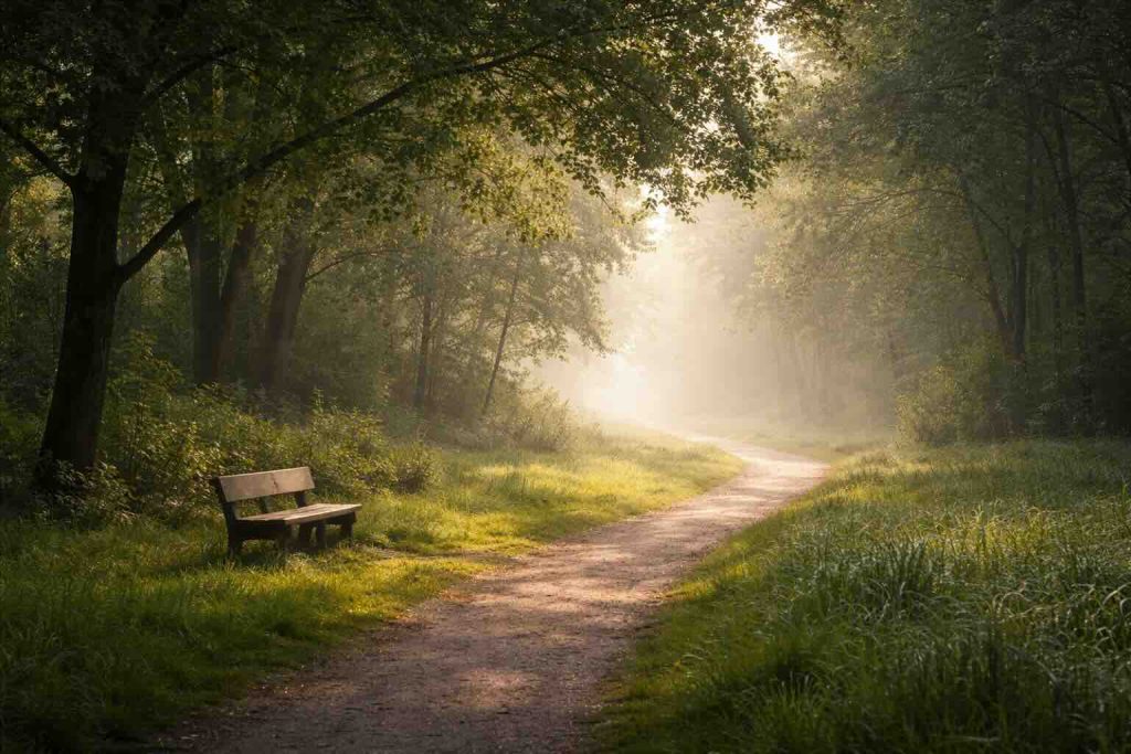 Meditation selvværd og trivsel symboliseret af rolig skovsti i blødt morgenlys
